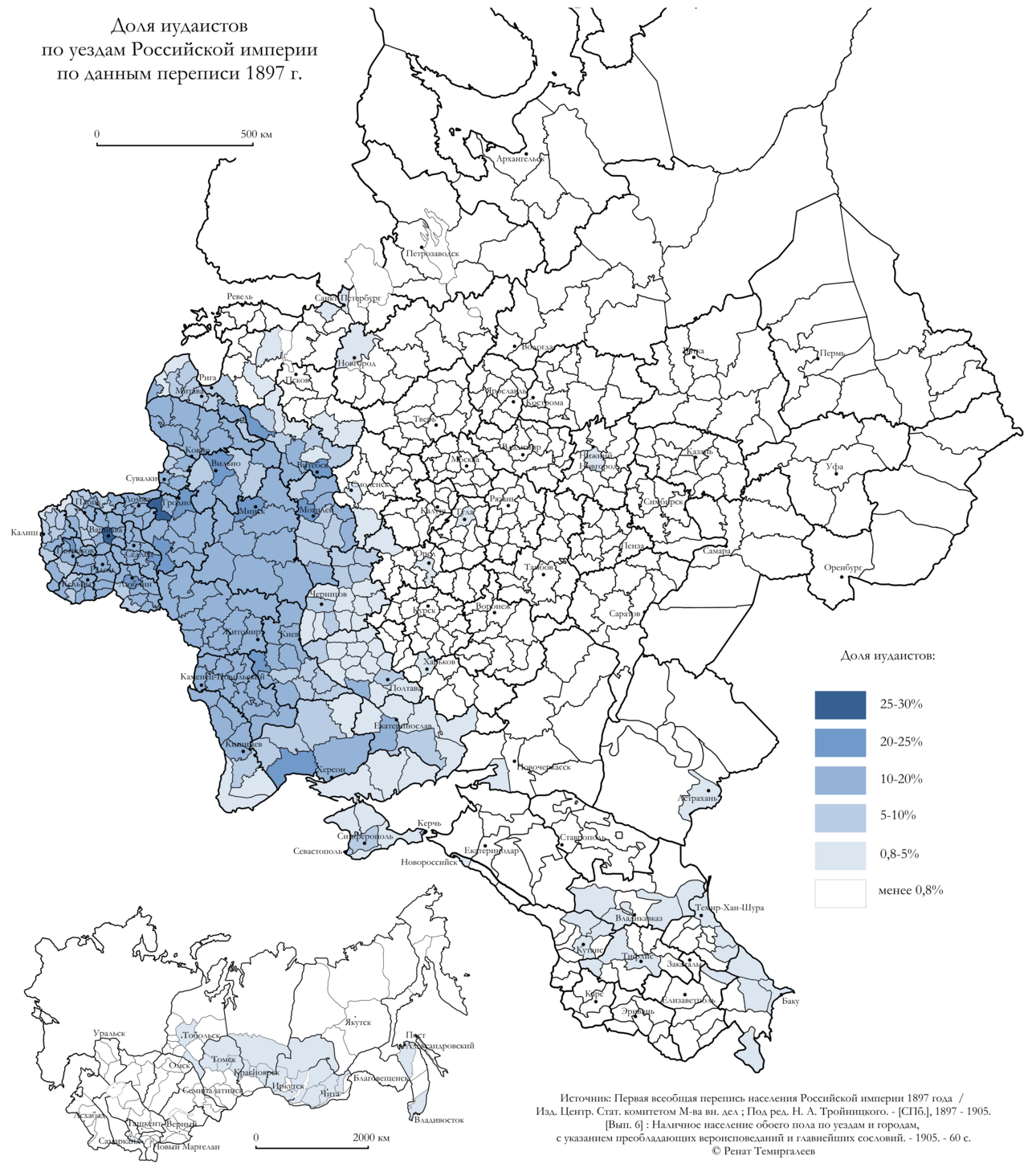 Карта доли иудеев по уездам Российской империи (перепись 1897 г.)