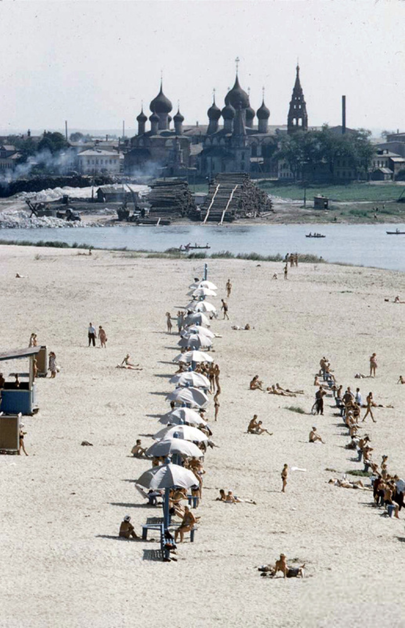 Beach on the Volga, church on the far bank, 1960s