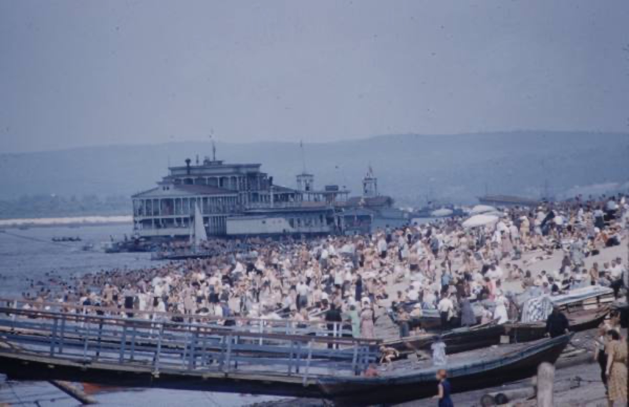 Beach on the Volga, river pavilion, 1950s