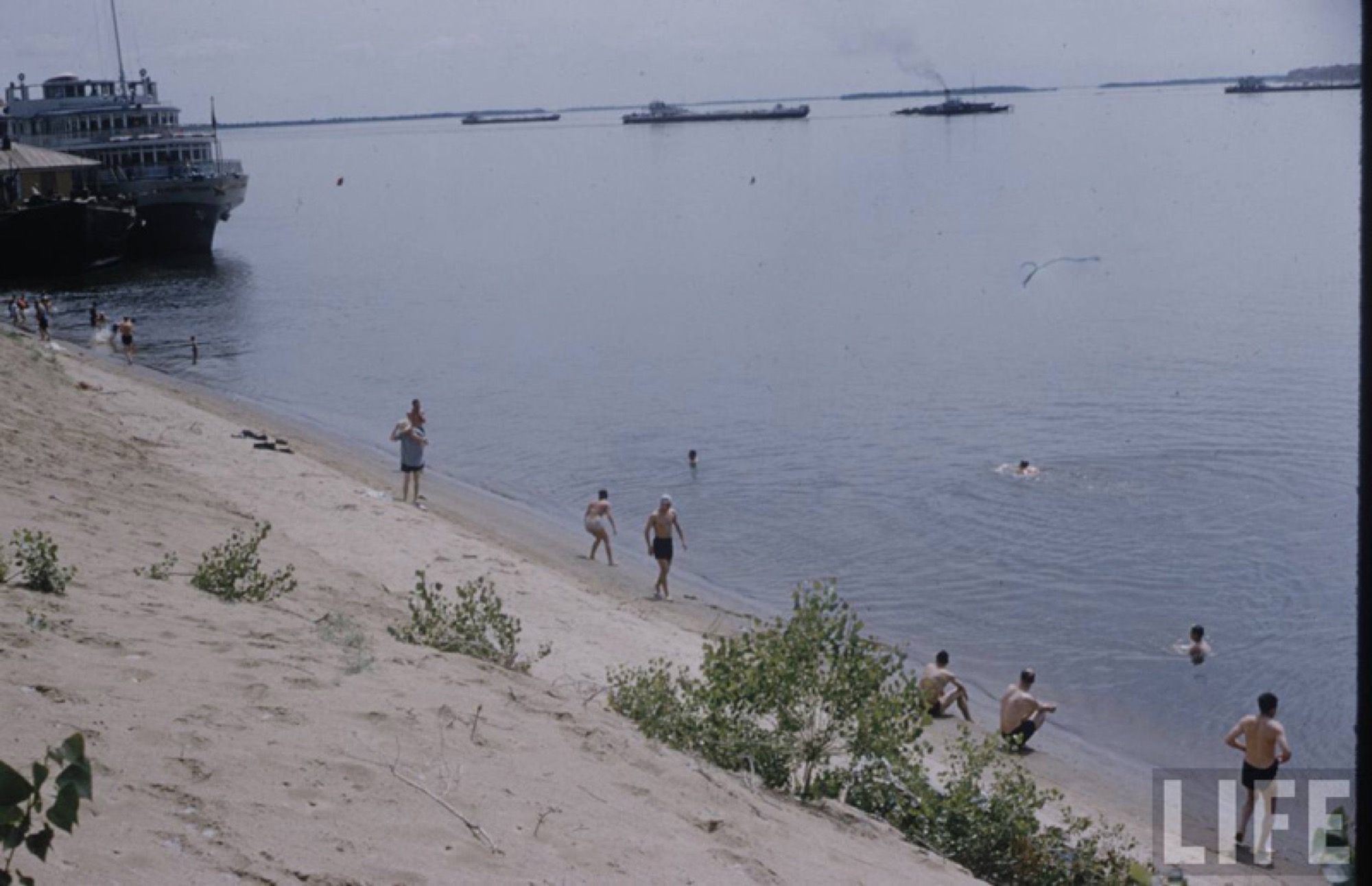 Volga beach, steamboat, bathing, 1950s